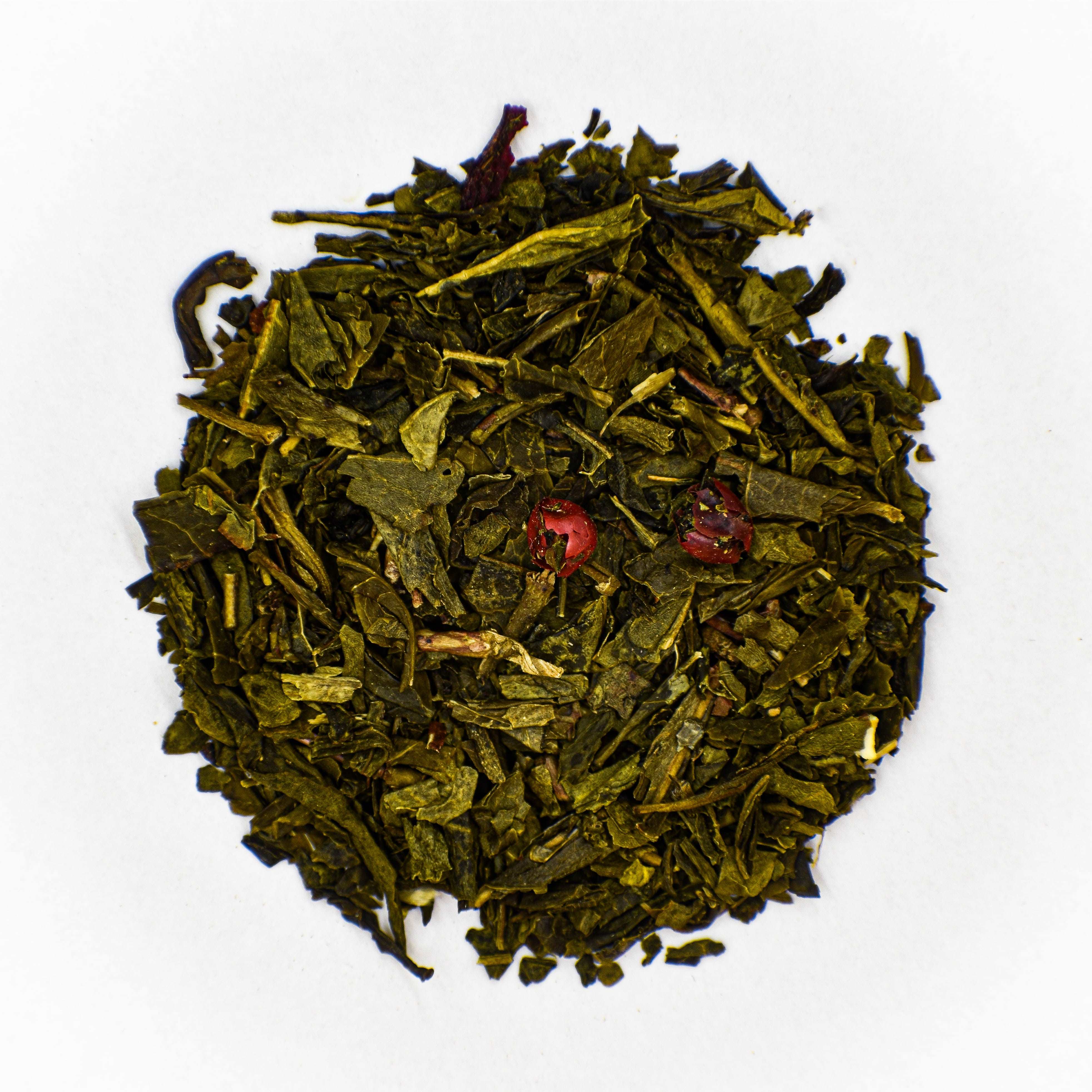Lekkere losse groene thee met Groene thee China Sencha China White Monkey Hibiscus Appel Citroenschil Roze peper Aalbes