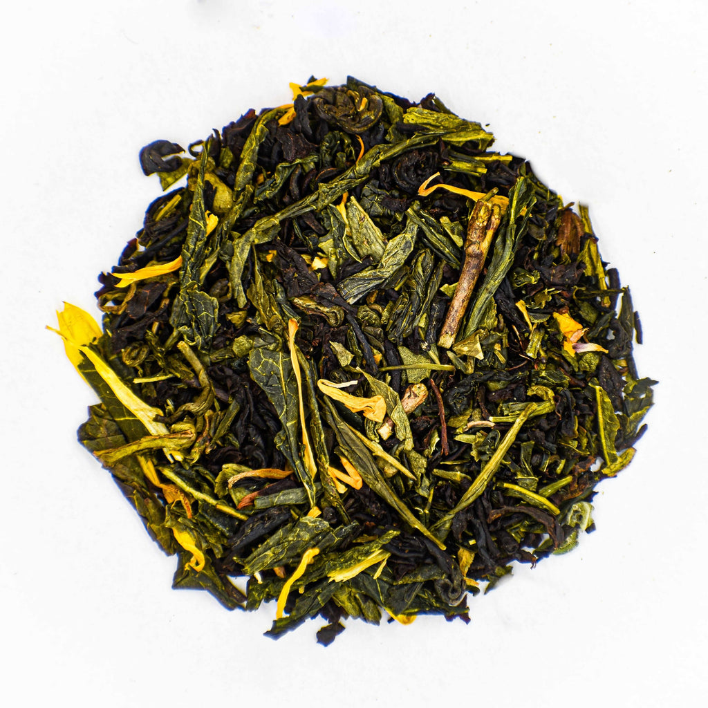 Lekkere losse groene thee met Groene thee China Sencha Zwarte thee Assam Groene thee China Gunpowder Goudsbloem Perzik Karamel