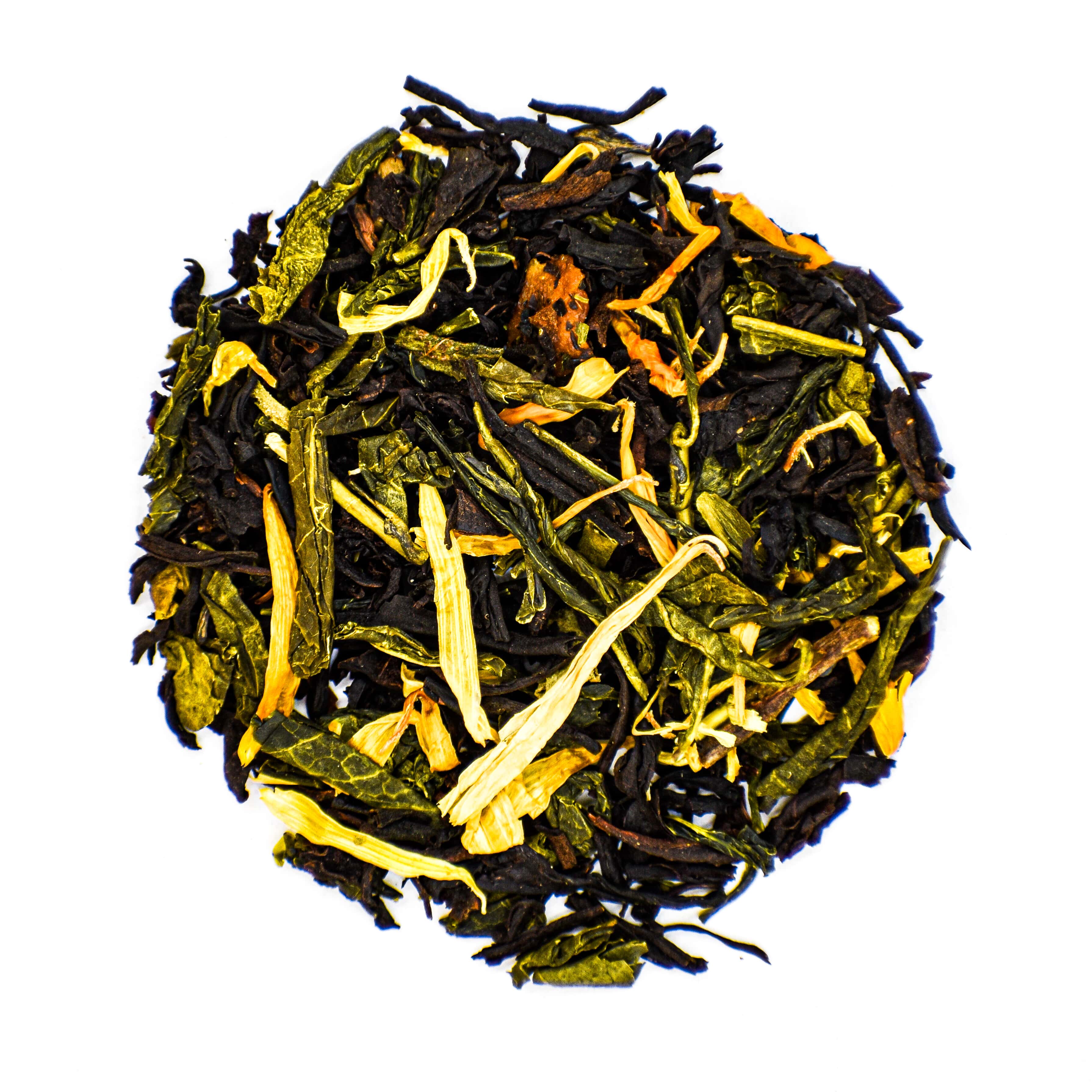 Lekkere losse zwarte thee met Zwarte thee Assam Groene thee China Sencha Mango stukjes Papaja Goudsbloem Cranberry Mango
